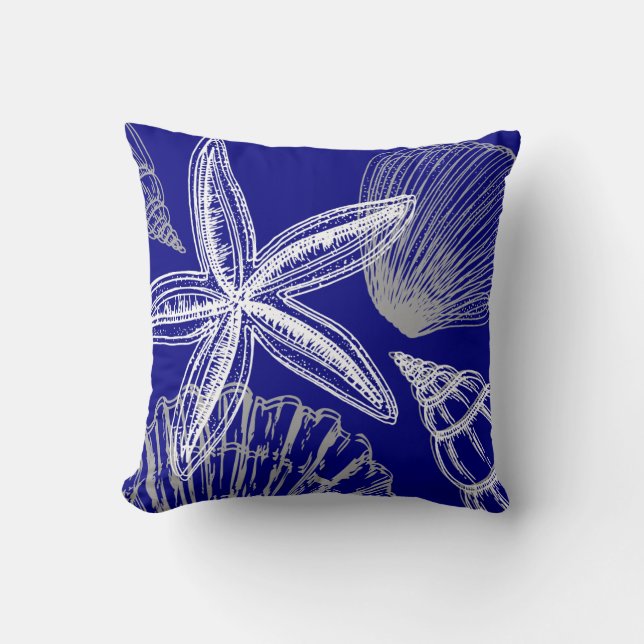 Seashell Beach House Coastal Blue White Starfish Kussen (Voorkant)