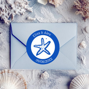 Seashell Beach Wedding Blauw Wit CUSTOM Ronde Sticker