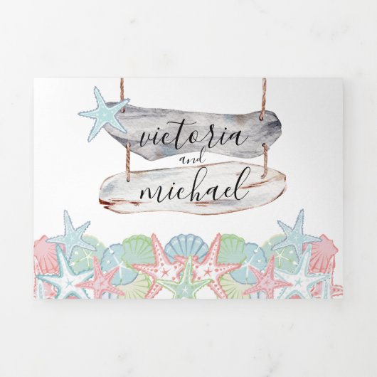 Seashell Beach Wedding Invitation Tri-Fold (Page de couverture)