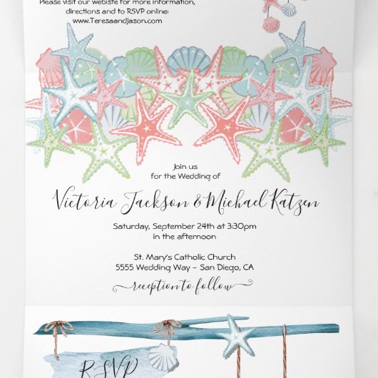 Seashell Beach Wedding Invitation Tri-Fold (Intérieur au milieu)