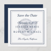 Seashell Beach Wedding Save the Date Square - Navy (Voorkant / Achterkant)
