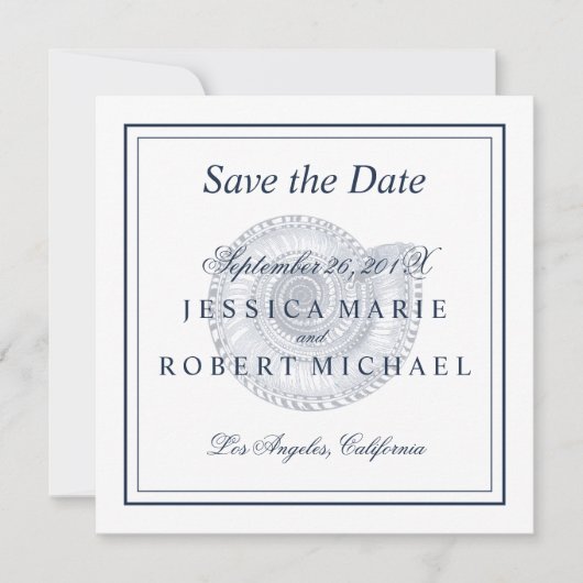 Seashell Beach Wedding Save the Date Square - Navy (Voorkant)