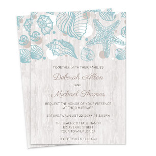 Seashell blanchi Wood Beach Mariage Invitation
