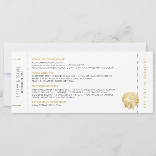 Seashell Boarding Pass Ticket Beach Weddenschap Save The Date (Achterkant)