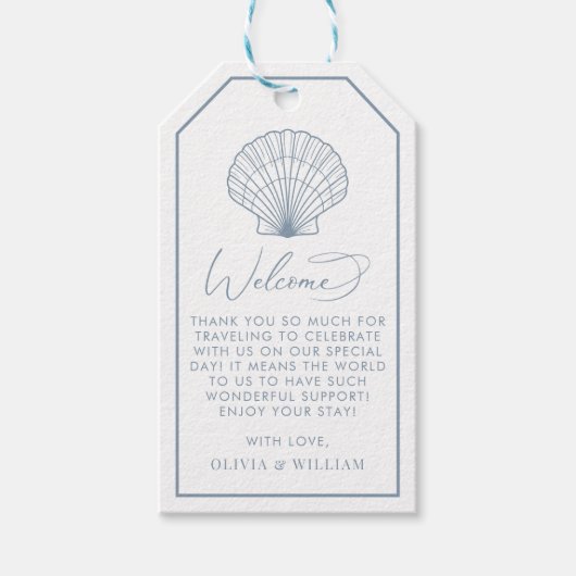 Seashell Dusty Blue Beach Bruiloft Welkom Cadeaulabel (Voorkant)