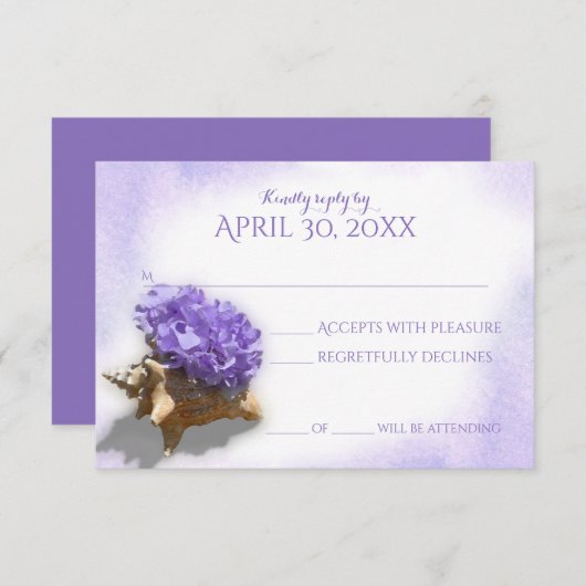 Seashell en Paarse hortensia bruiloft reactie RSVP Kaartje (Voorkant / Achterkant)
