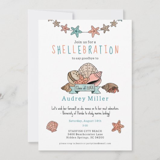 Seashell gaan weg Graduation Party uitnodiging (Voorkant)