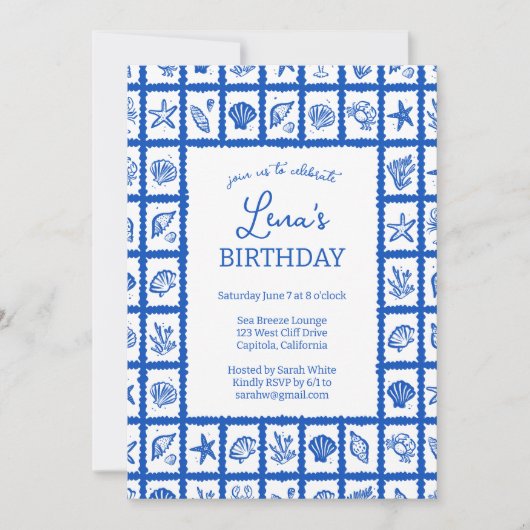Seashell Grid Beach Verjaardagsfeest Blauw CUSTOM Kaart (Voorkant)