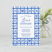 Seashell Grid Beach Verjaardagsfeest Blauw CUSTOM Kaart (Staand voorkant)