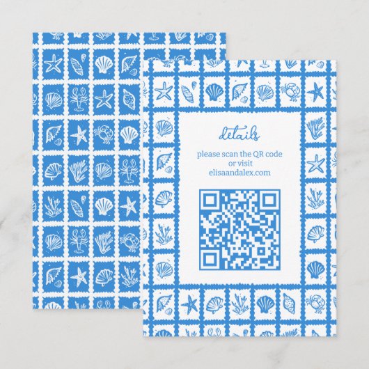 Seashell Grid Beach Wedding AANGEPASTE QR-code Informatiekaartje (Voorkant / Achterkant)