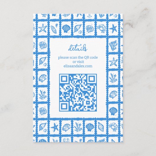 Seashell Grid Beach Wedding AANGEPASTE QR-code Informatiekaartje (Voorkant)