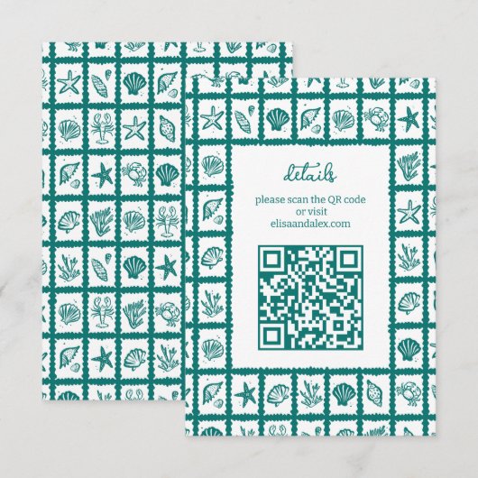 Seashell Grid Beach Wedding AANGEPASTE QR-code Informatiekaartje (Voorkant / Achterkant)