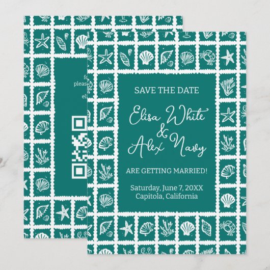 Seashell Grid Beach Wedding AANGEPASTE QR-code Save The Date (Voorkant / Achterkant)