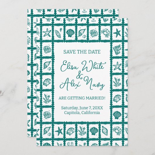 Seashell Grid Beach Wedding AANGEPASTE QR-code Save The Date (Voorkant / Achterkant)