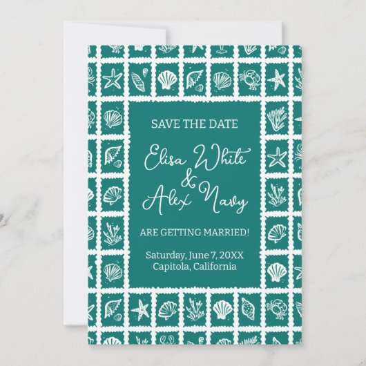 Seashell Grid Beach Wedding AANGEPASTE QR-code Save The Date (Voorkant)