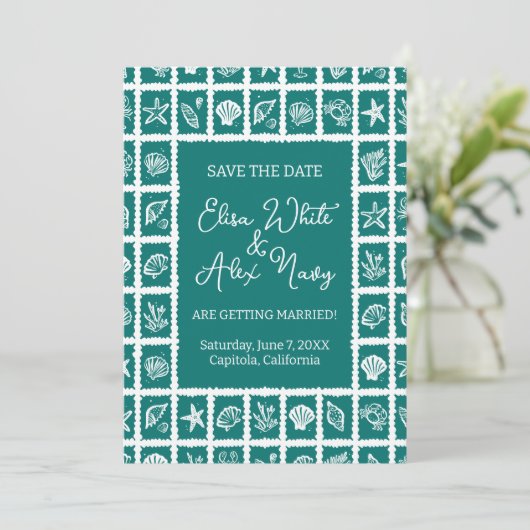 Seashell Grid Beach Wedding AANGEPASTE QR-code Save The Date (Staand voorkant)