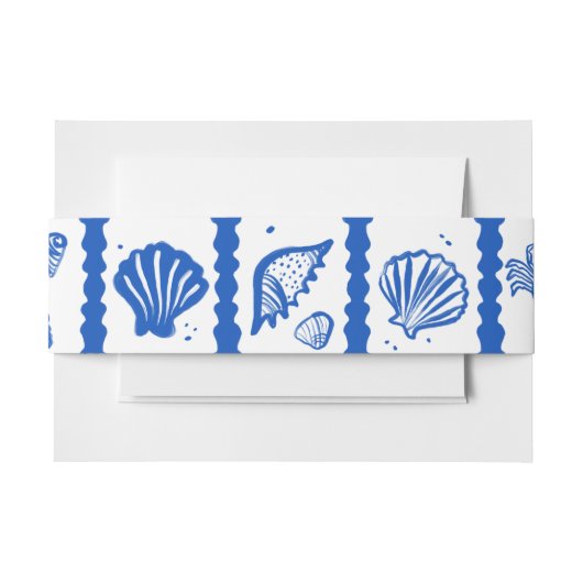 Seashell Grid Beach Wedding Blauw Wit CUSTOM Uitnodigingen Wikkel (Voorkant Voorbeeld)