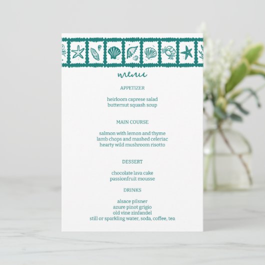 Seashell Grid Beach Wedding Groen Wit CUSTOM Menu (Staand voorkant)