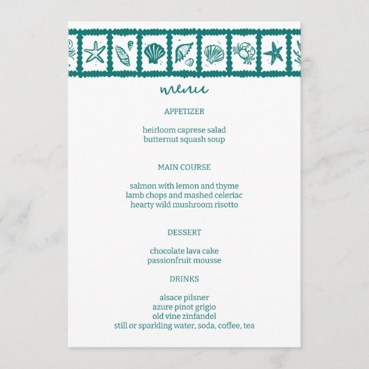Seashell Grid Beach Wedding Groen Wit CUSTOM Menu (Voorkant)