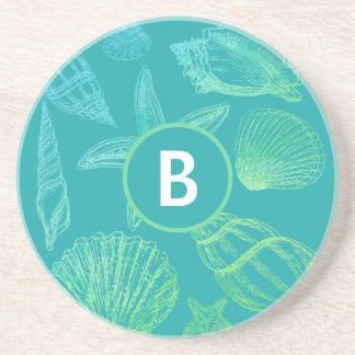 Seashell Monogram Naam Blauw Blauwgroen Strand She Zandsteen Onderzetter