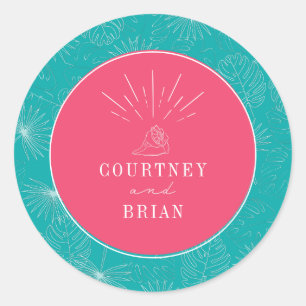 Seashell Pink & Blue Palm Tropical Beach Wedding Ronde Sticker