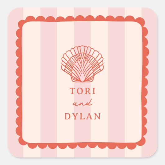 Seashell roze gestreept tropisch strand bruiloft vierkante sticker (Voorkant)