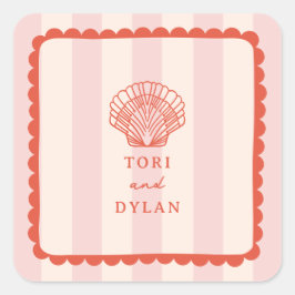 Seashell roze gestreept tropisch strand bruiloft vierkante sticker