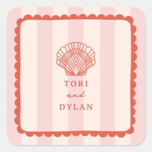 Seashell roze gestreept tropisch strand bruiloft vierkante sticker