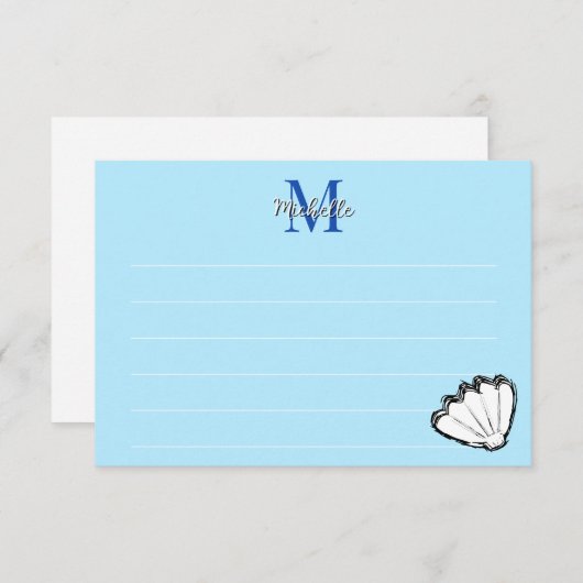 Seashell Sketch White And Blue Lined Monogram Notitiekaartje (Voorkant / Achterkant)