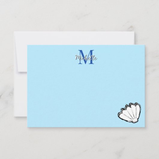 Seashell Sketch White And Blue Monogram Notitiekaartje (Voorkant)