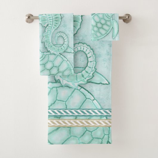 Seashell Starfish Turtle Waterverf Aqua ID751 Bad Handdoek (Insitu)