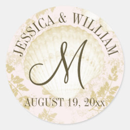 Seashell  Strand Bruiloft Monogram Roze Ronde Sticker