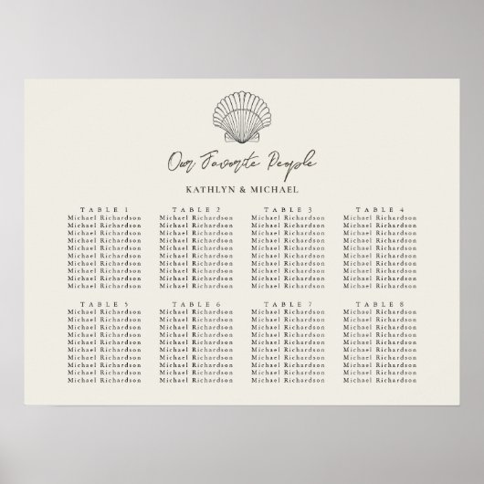 Seashell Strand Oceaan Bruiloft 8 Tafel Zitkaarten Poster (Voorkant)