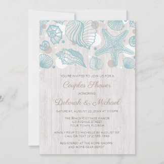 Seashell Whitewash Wood Couples Shower Invites Kaart