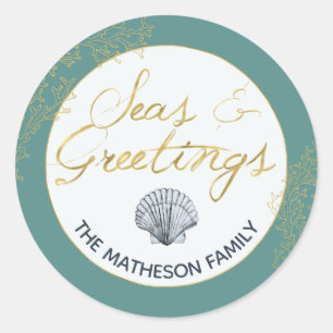 Seashell Zeeen & Greetings Coastal Holiday Envelop Ronde Sticker