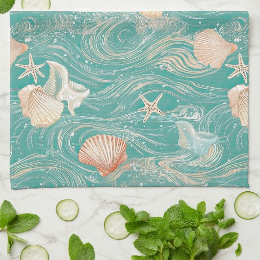 Seashells and Ocean Waves Pattern (10) Theedoek (Gevouwen)