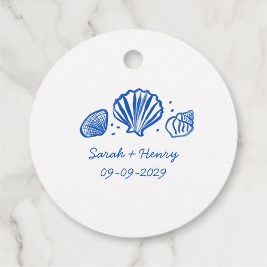 Seashells Beach Wedding Blauw Wit CUSTOM Bedankjes Labels (Achterkant)