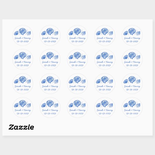 Seashells Beach Wedding Blue White CUSTOM  Ronde Sticker (Vel)