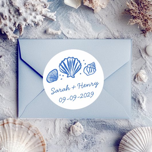 Seashells Beach Wedding Blue White CUSTOM Ronde Sticker