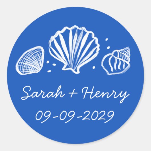 Seashells Beach Wedding Blue White CUSTOM  Ronde Sticker (Voorkant)