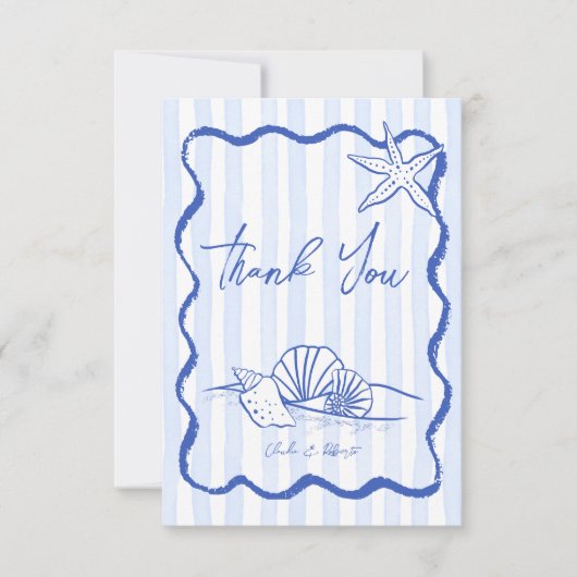 Seashells blauw golvende grens strand bruiloft bedankkaart (Voorkant)