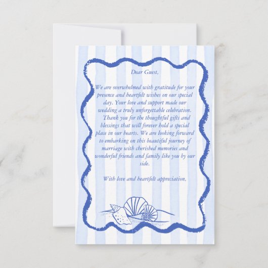 Seashells blauw golvende grens strand bruiloft bedankkaart (Achterkant)