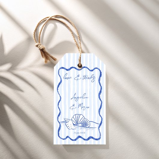 Seashells blauw golvende grens strand bruiloft gun cadeaulabel