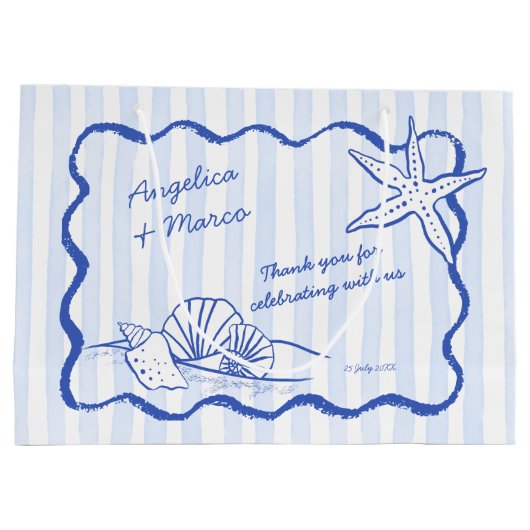 Seashells blauwe golvende grens strand bruiloft we groot cadeauzakje (Achterkant)