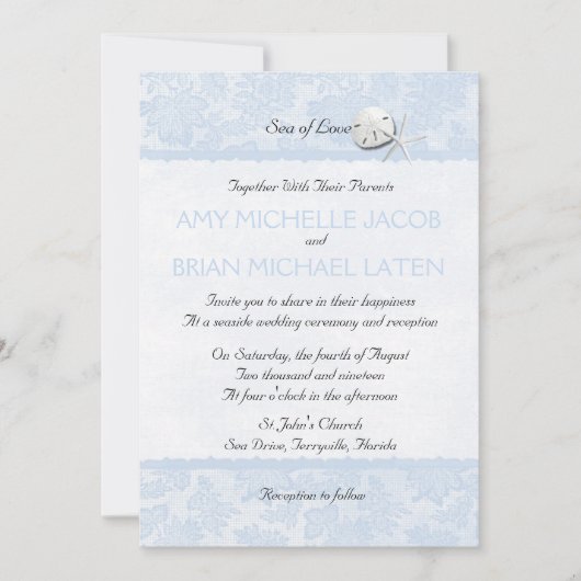 Seashells Bleek Blue Floral Lace Beach Wedding Kaart (Voorkant)