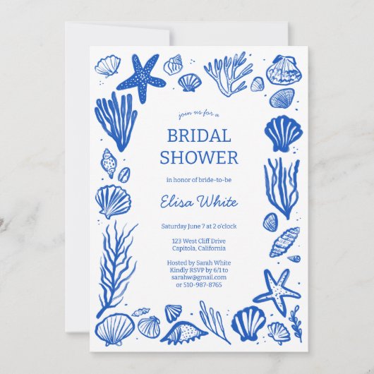 Seashells Frame Bridal Shower Blue Beach CUSTOM QR Kaart (Voorkant)