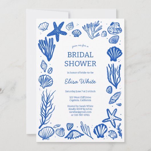 Seashells Frame Bridal Shower Blue Beach CUSTOM QR Kaart (Voorkant)