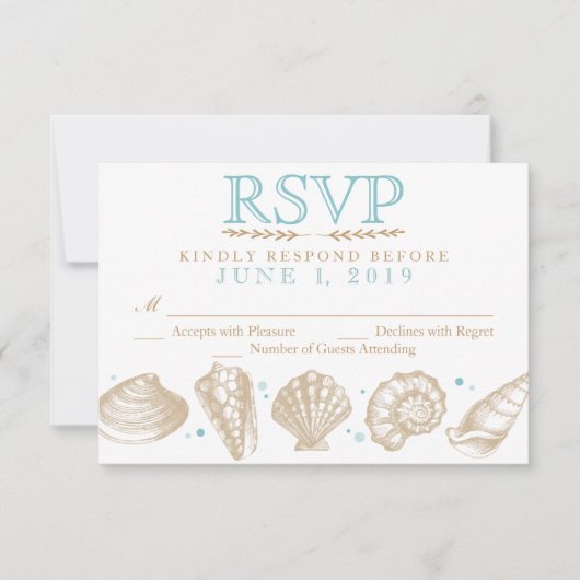 Seashells Nautical Beach Wedding RSVP Tan/Aqua (Voorkant)