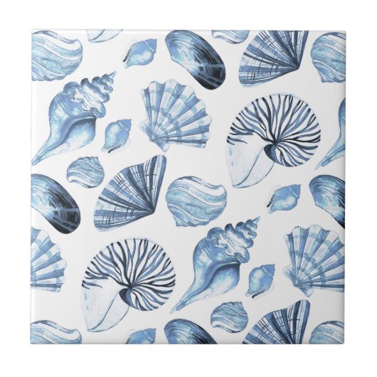 Seashells Pattern in Blue Beach House Tegeltje (Voorkant)