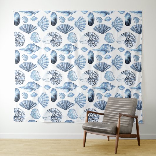 Seashells Pattern in Blue Beach House Wandkleed (In Situ (horizontaal))